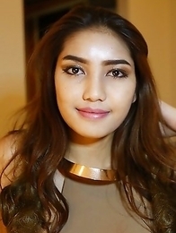 Horny Thai tgirl Wine gets covered with cum from white penis